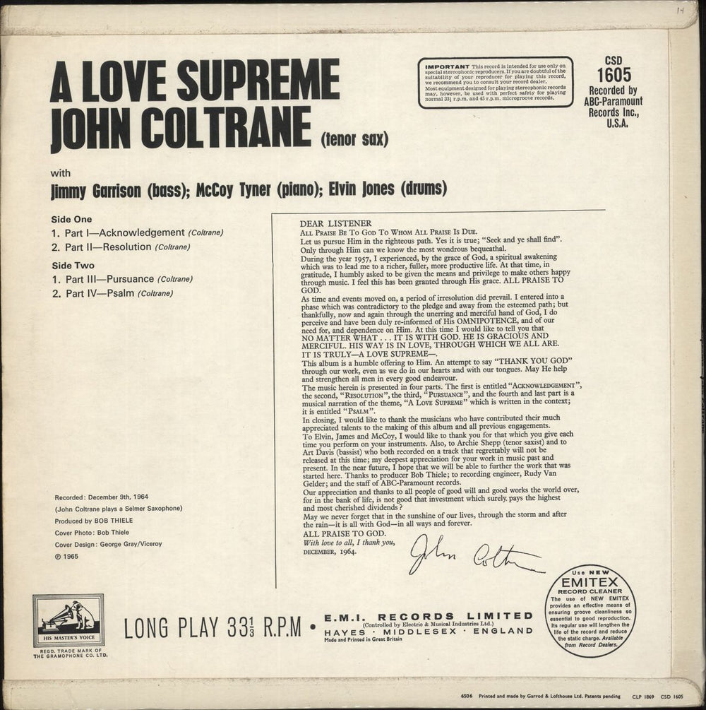 John Coltrane A Love Supreme - VG UK vinyl LP album (LP record)