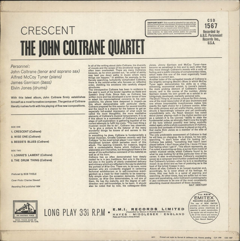John Coltrane Crescent UK vinyl LP album (LP record)