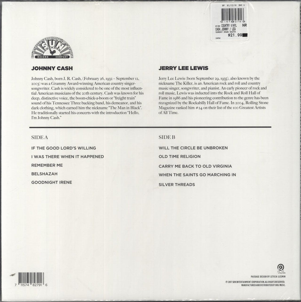 Johnny Cash Sunday Down South - White Vinyl - Sealed US vinyl LP album (LP record) 711574827916