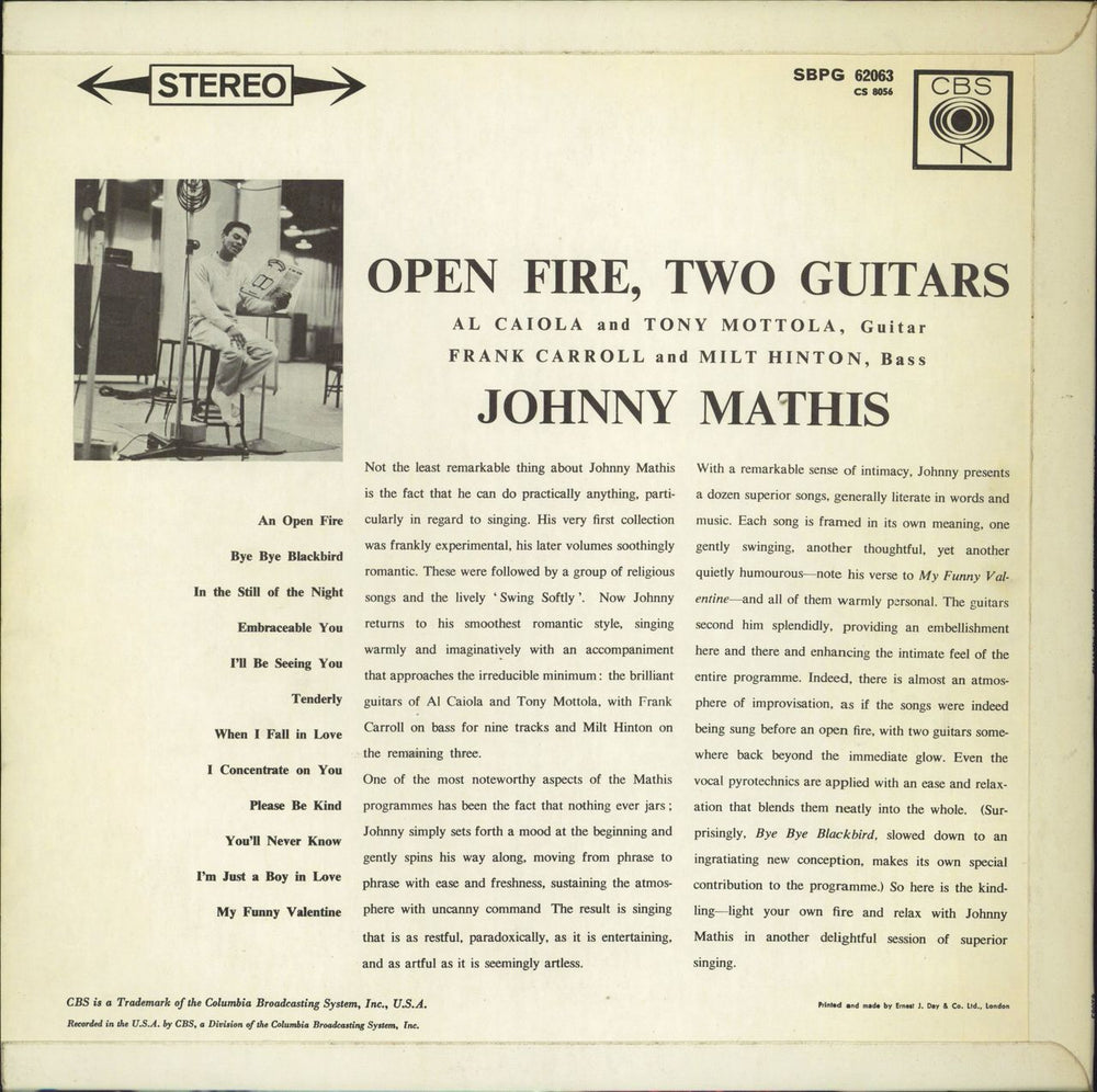 Johnny Mathis Open Fire, Two Guitars UK vinyl LP album (LP record)