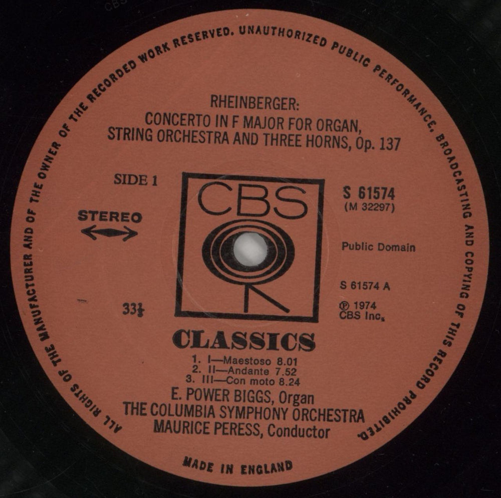 Josef Rheinberger Rheinberger: Two Concertos For Organ & Orchestra E Power Biggs op. 137 / G-moll, Op. 177 UK vinyl LP album (LP record) 850LPRH861546