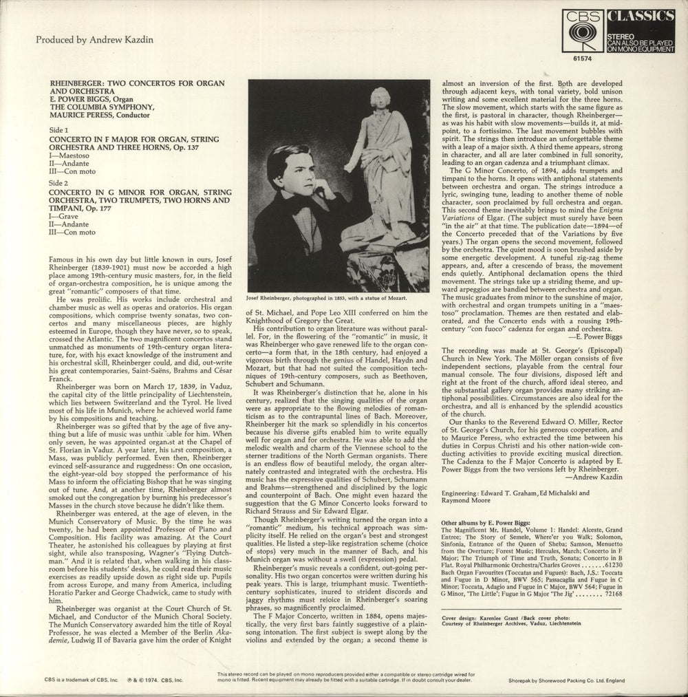 Josef Rheinberger Rheinberger: Two Concertos For Organ & Orchestra E Power Biggs op. 137 / G-moll, Op. 177 UK vinyl LP album (LP record)