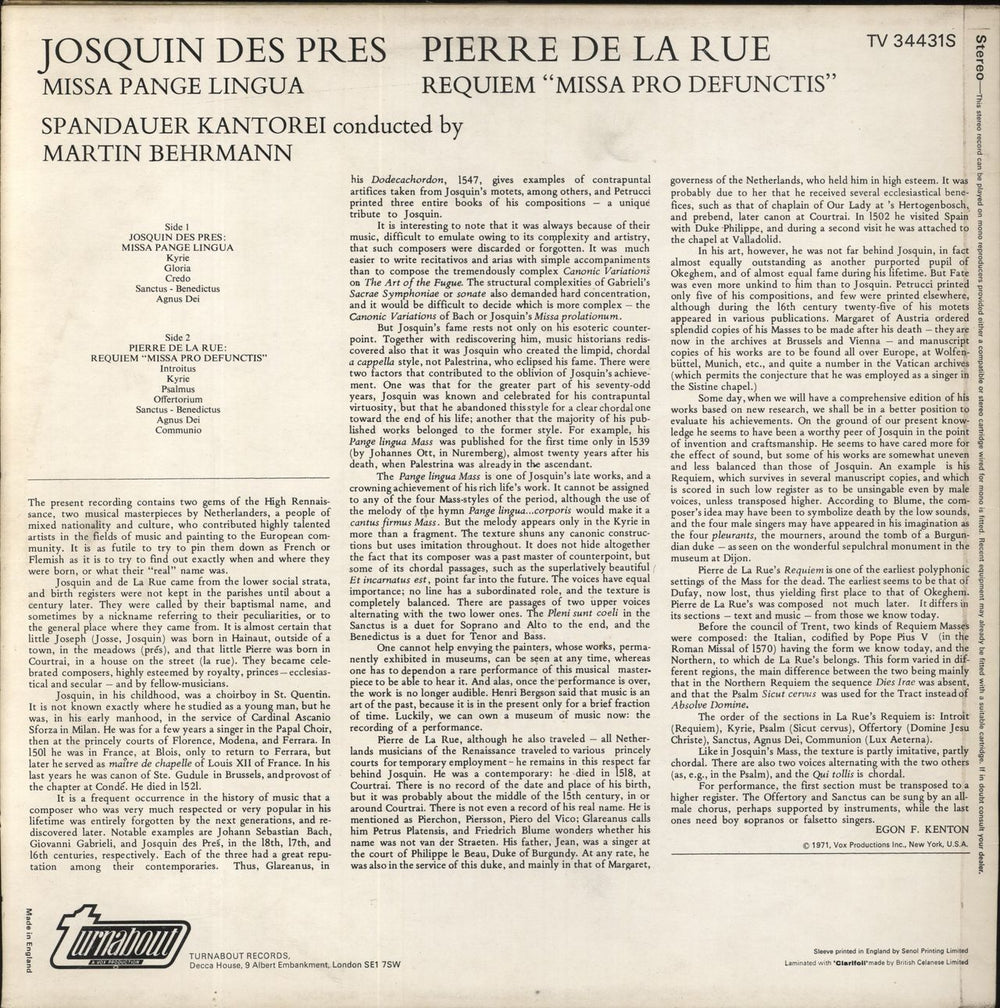 Josquin Des Prés Josquin Des Prés: Missa Pange Lingua / Pierre De La Rue: Requiem Missa Pro Defunctis UK vinyl LP album (LP record)