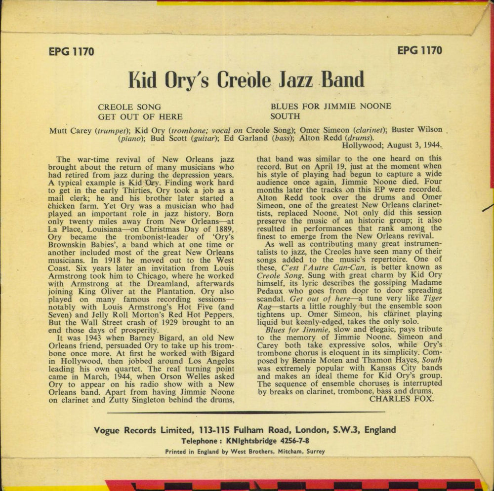 Kid Ory Kid Ory's Creole Jazz Band 1944 - 45 Vol. 1 UK 7" vinyl single (7 inch record / 45)