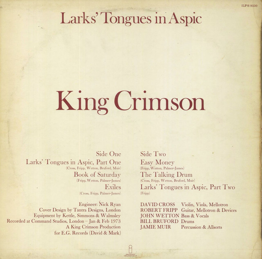 King Crimson Larks' Tongues In Aspic - VG + inner UK vinyl LP album (LP record)