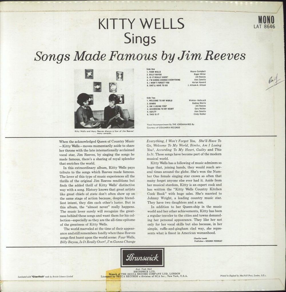 Kitty Wells Sings Songs Made Famous by Jim Reeves UK vinyl LP album (LP record)