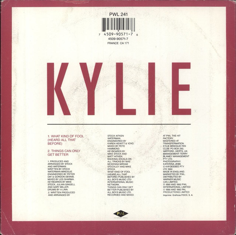 Kylie Minogue What Kind Of Fool Spanish 7" vinyl single (7 inch record / 45) 745099057176