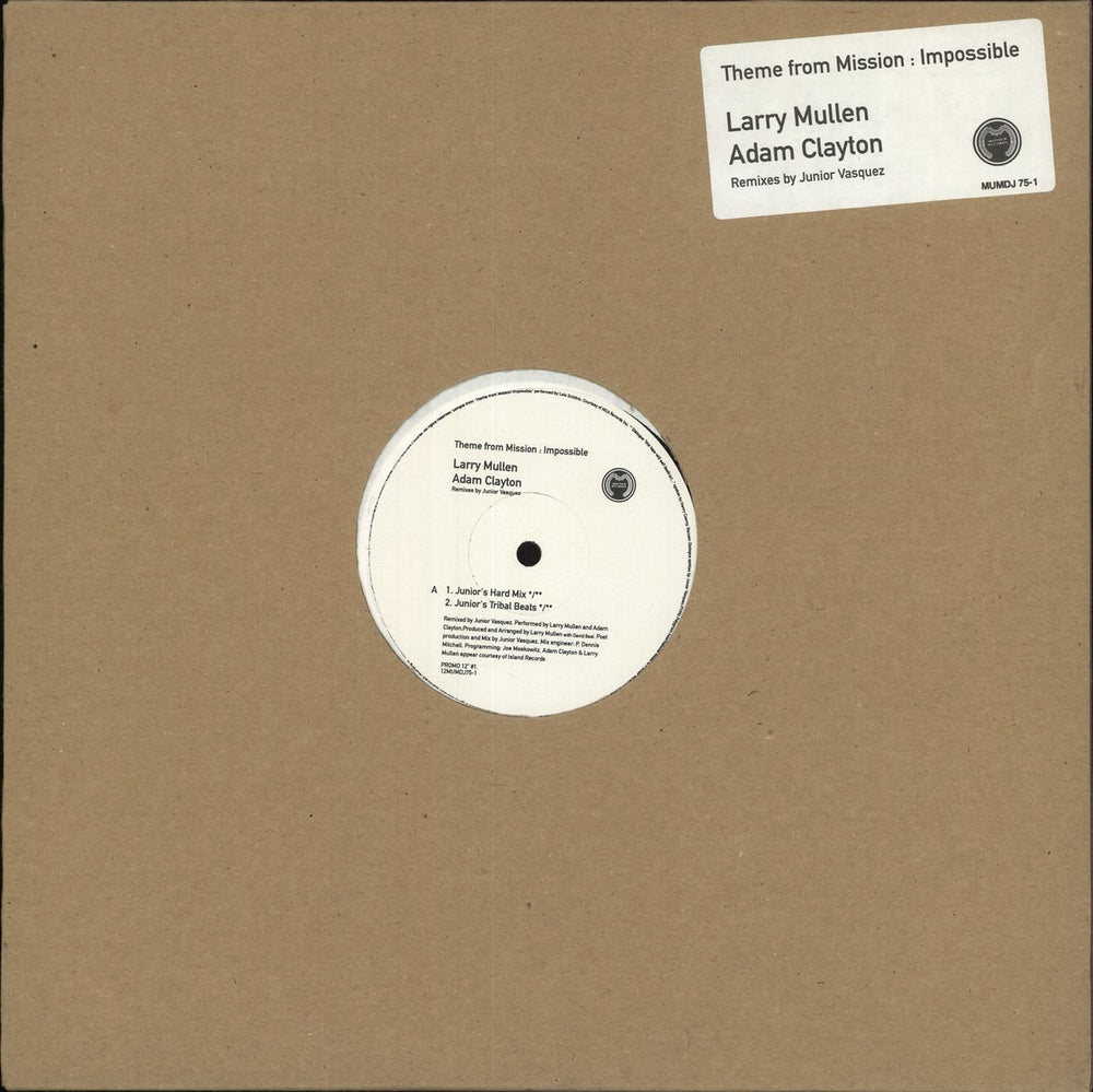 Larry Mullen & Adam Clayton Theme From Mission: Impossible (Junior Vasquez Remixes) UK Promo 12" vinyl single (12 inch record / Maxi-single) 12MUMDJ75-1