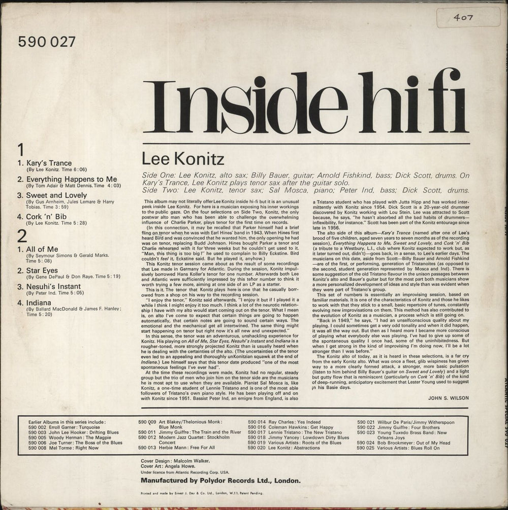 Lee Konitz Inside Hi-Fi UK vinyl LP album (LP record)