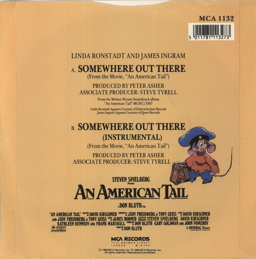Linda Ronstadt Somewhere Out There UK 7" vinyl single (7 inch record / 45) MCA1132