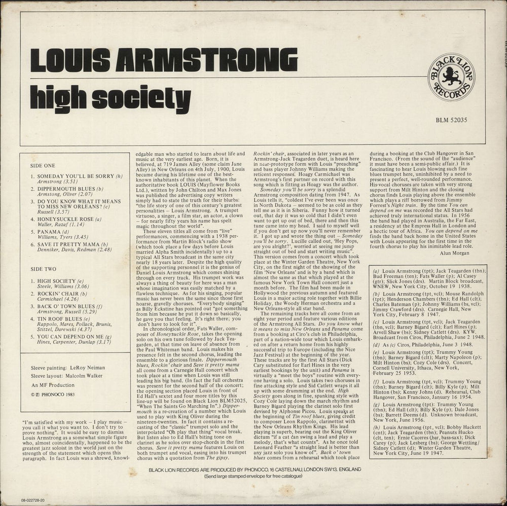 Louis Armstrong High Society Dutch vinyl LP album (LP record)