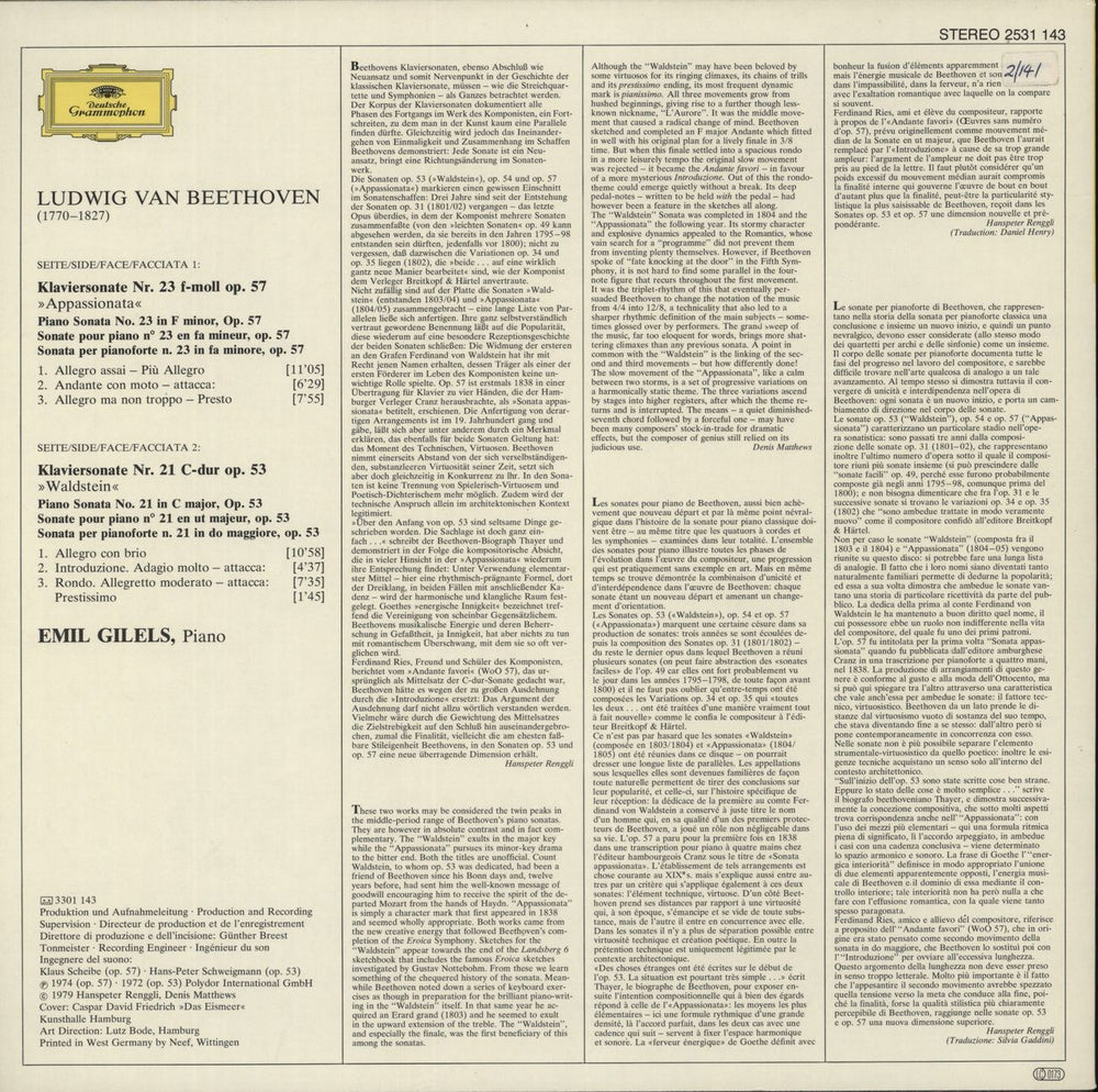 Ludwig Van Beethoven Beethoven: Klaviersonaten - Piano Sonatas No.23 Appassionata - No.21 Waldstein German vinyl LP album (LP record)