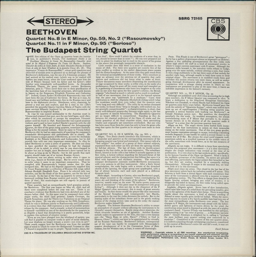 Ludwig Van Beethoven Beethoven: Quartet No. 8 In E Minor, Op. 59, No. 2 ("Rasoumovsky") / Quartet No. 11 In F Minor, Op. UK vinyl LP album (LP record)
