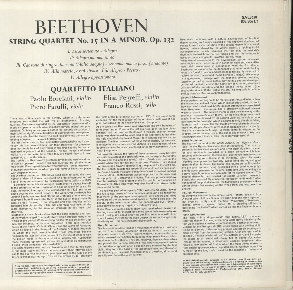 Ludwig Van Beethoven Beethoven: String Quartet In A Minor, Op. 132 UK vinyl LP album (LP record)