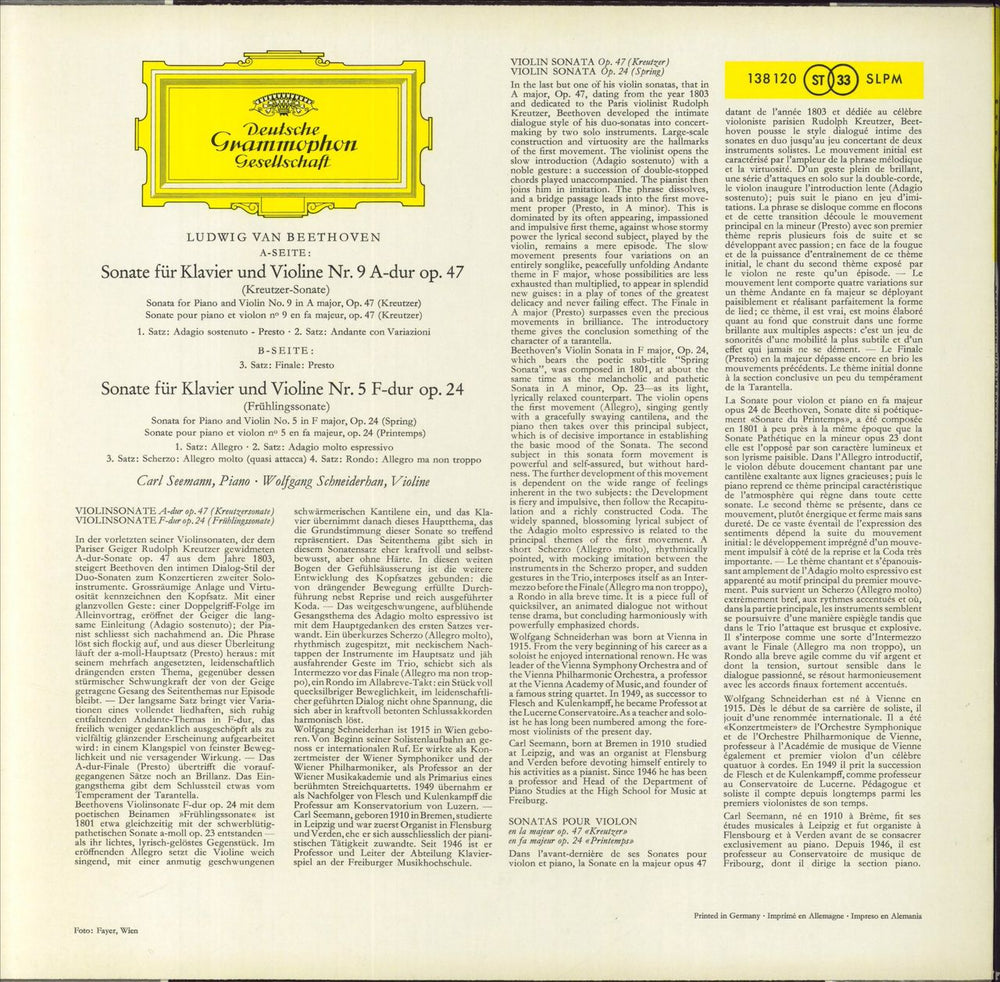 Ludwig Van Beethoven Beethoven: Violinsonaten A-Dur Op.47 Nr. 9 ? F-Dur Op.24 Nr.5 (Kreutzersonate / Frühlingssonate) German vinyl LP album (LP record)