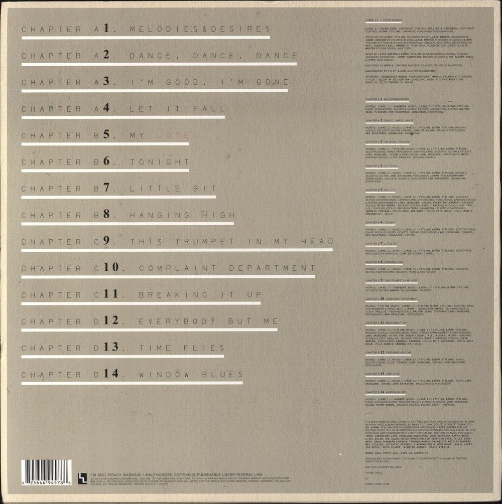 Lykke Li Youth Novels US 2-LP vinyl record set (Double LP Album) 825646945788