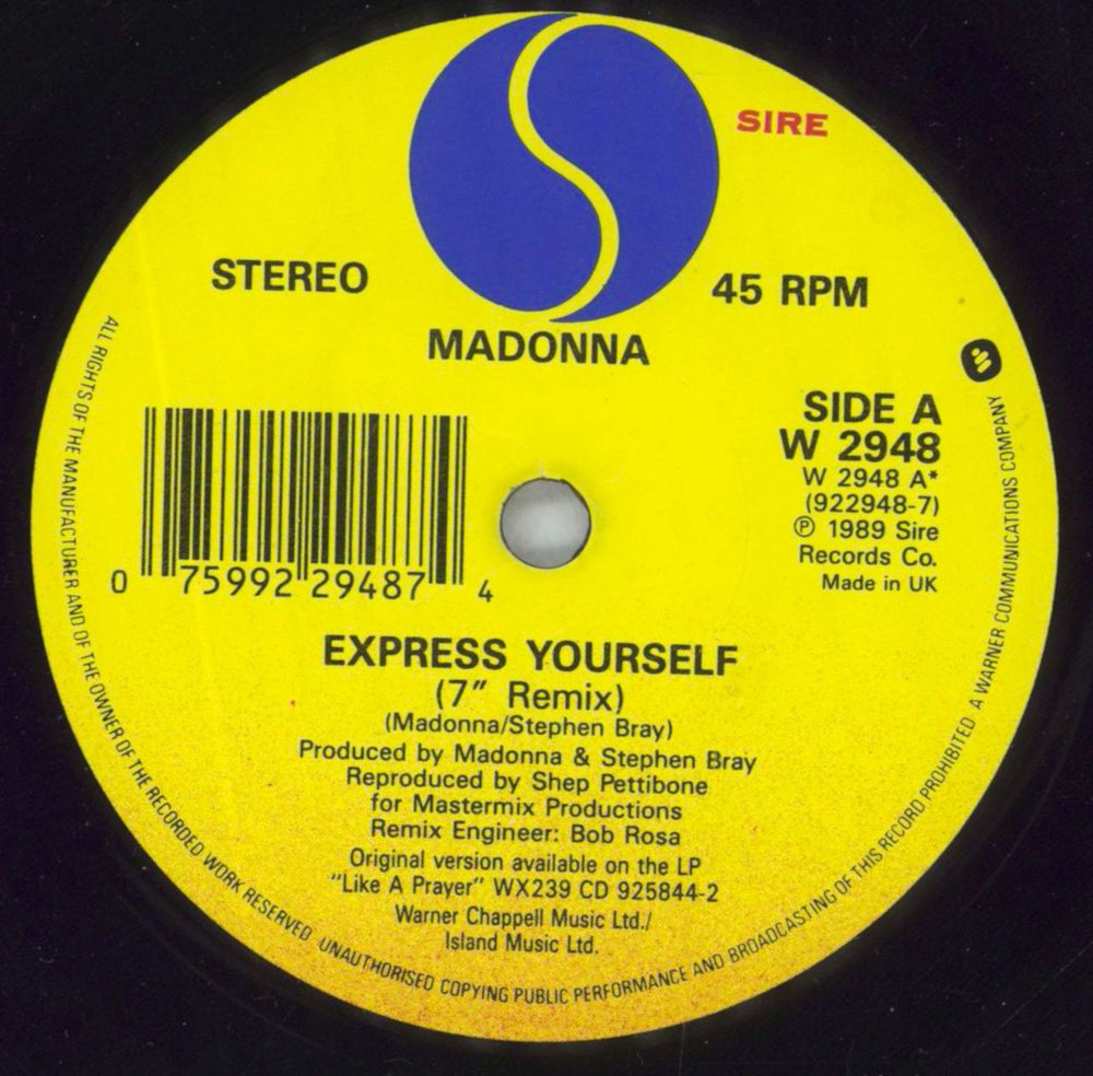 Madonna Express Yourself - Poster Sleeve UK 7" vinyl single (7 inch record / 45) MAD07EX06943