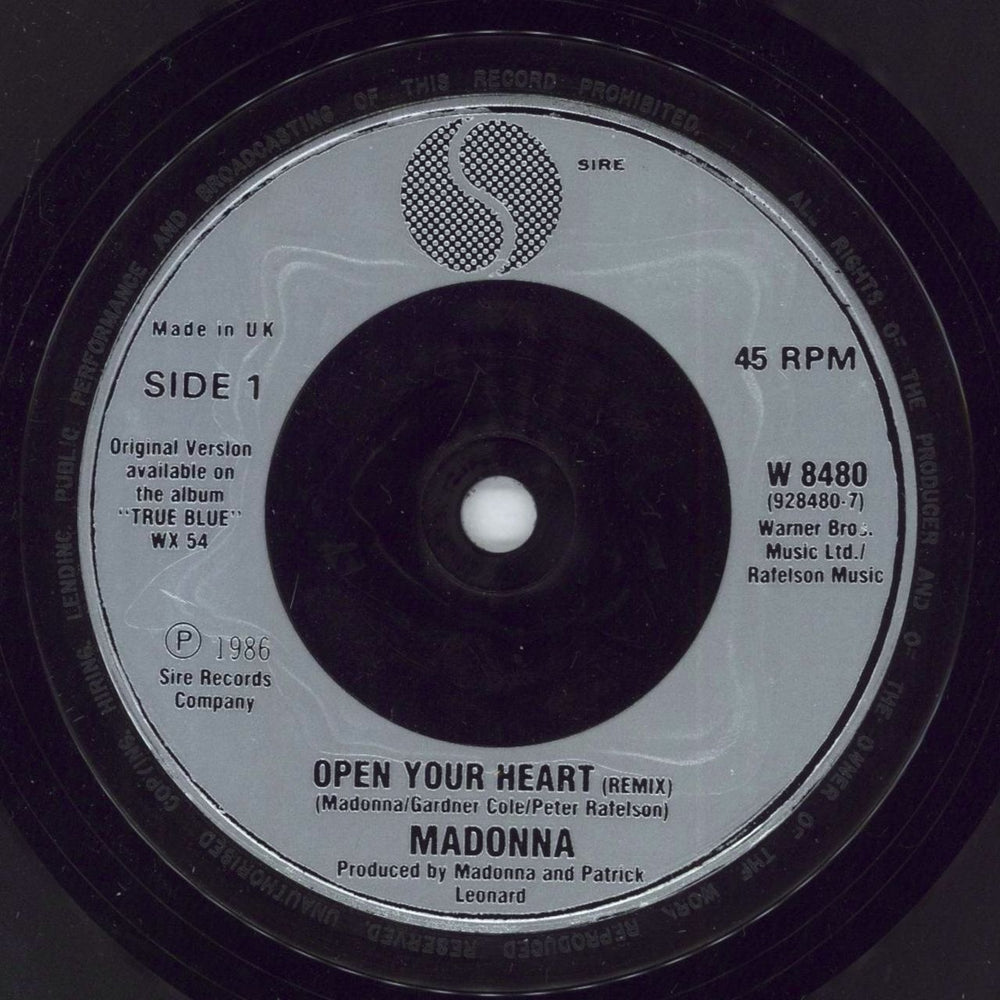 Madonna Open Your Heart - Injection Label & Matt Sleeve UK 7" vinyl single (7 inch record / 45) MAD07OP31795