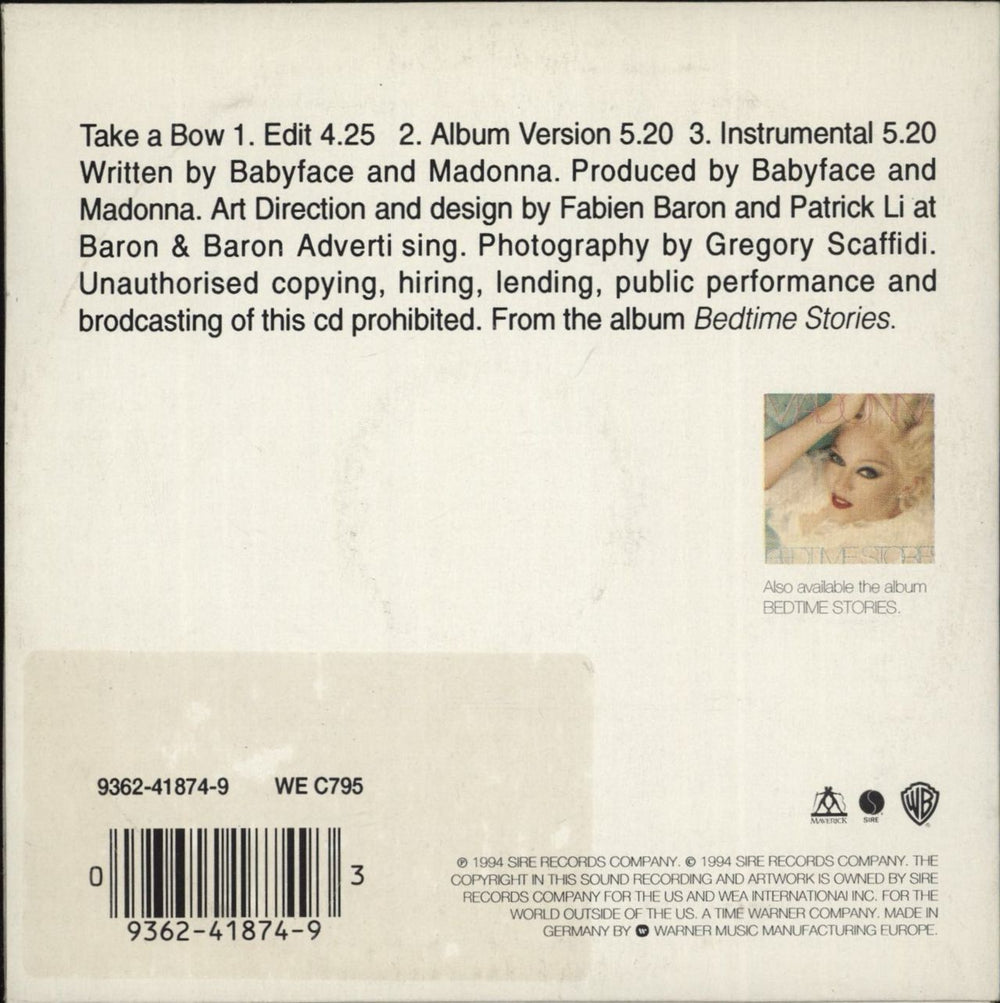 Madonna Take A Bow - Card Picture Sleeve German CD single (CD5 / 5") 093624187493