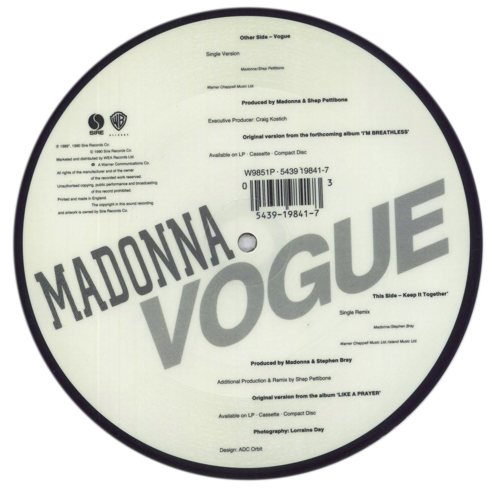 Madonna Vogue UK 7" vinyl picture disc (7 inch picture disc single) 054391984173