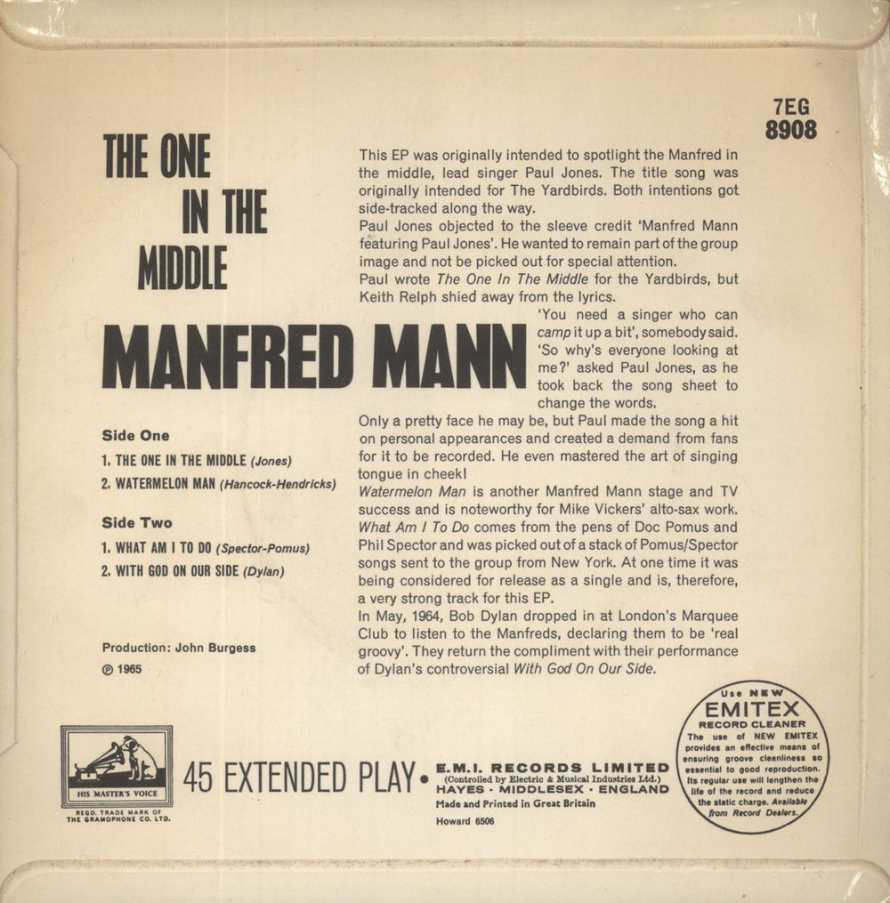 Manfred Mann The One In The Middle EP - Mislabelled UK 7" vinyl single (7 inch record / 45)