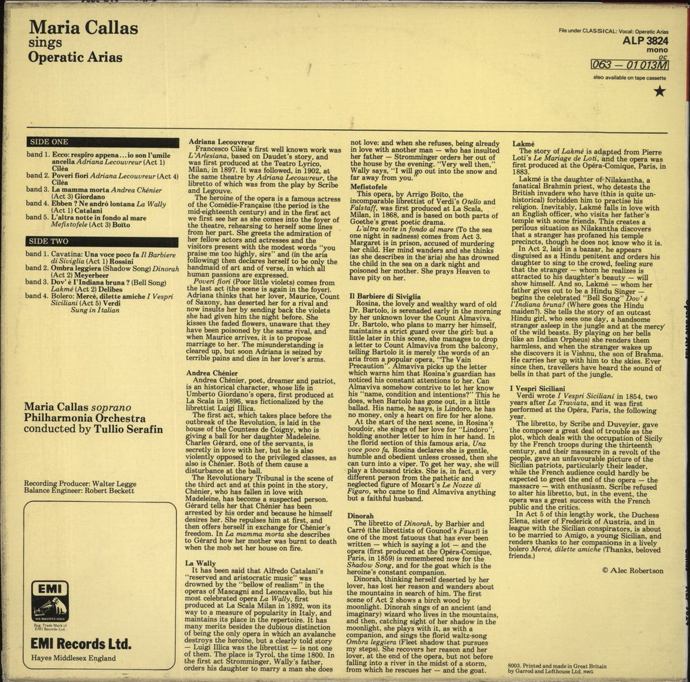 Maria Callas Operatic Arias UK vinyl LP album (LP record)