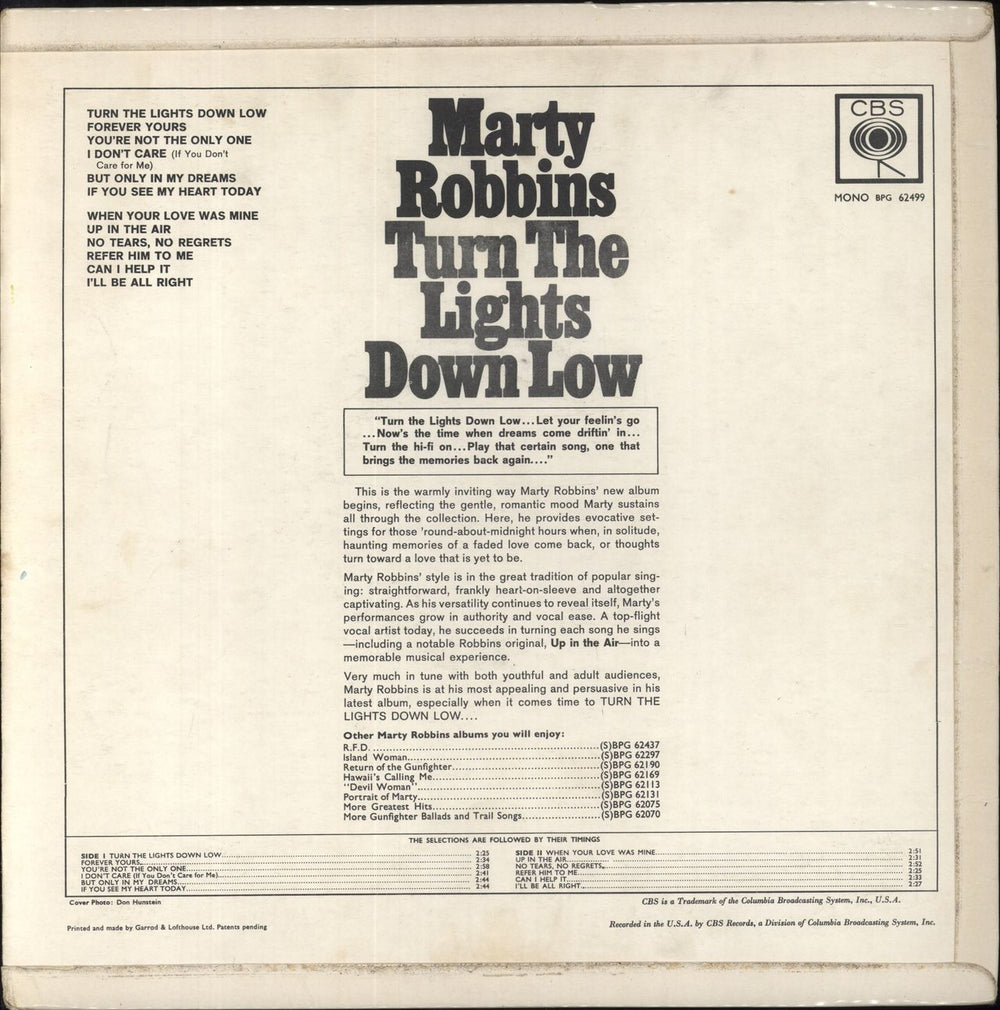 Marty Robbins Turn The Lights Down Low UK vinyl LP album (LP record)