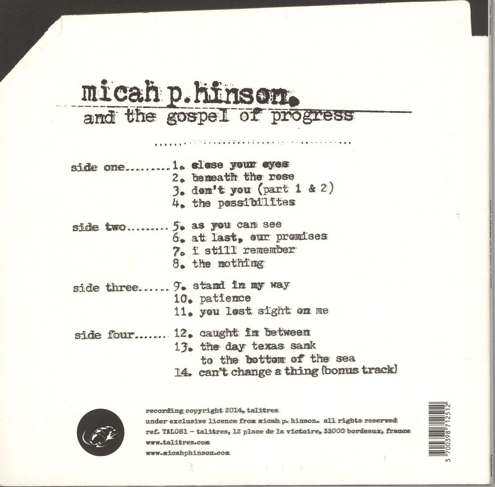 Micah P. Hinson And The Gospel Of Progress UK 2-LP vinyl record set (Double LP Album) 3700398712512