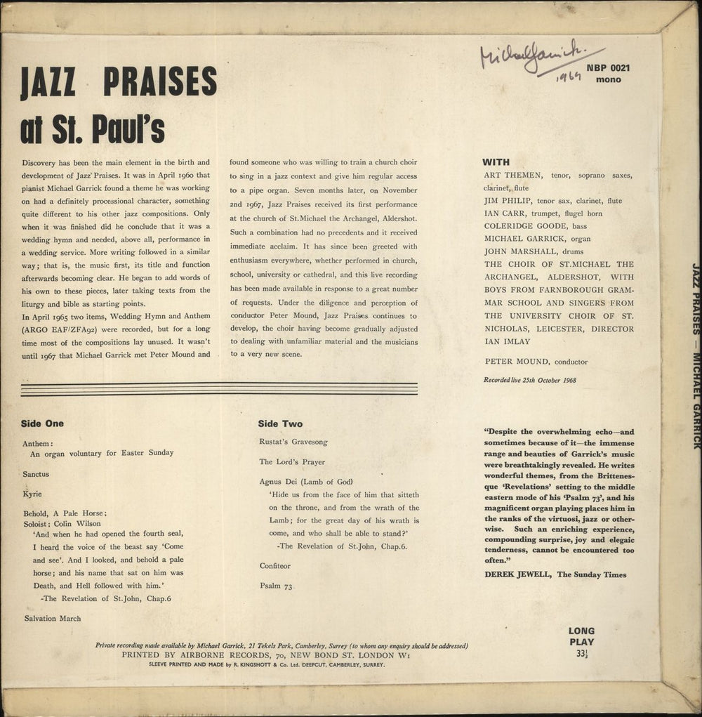 Michael Garrick Jazz Praises - Autographed UK vinyl LP album (LP record) 4007192065714