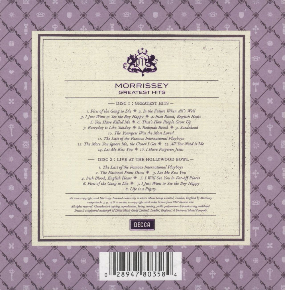 Morrissey Greatest Hits UK 2 CD album set (Double CD) 028947803584