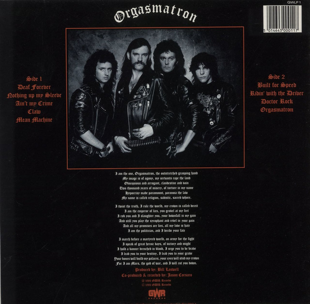 Motorhead Orgasmatron UK vinyl LP album (LP record) 5014643000117