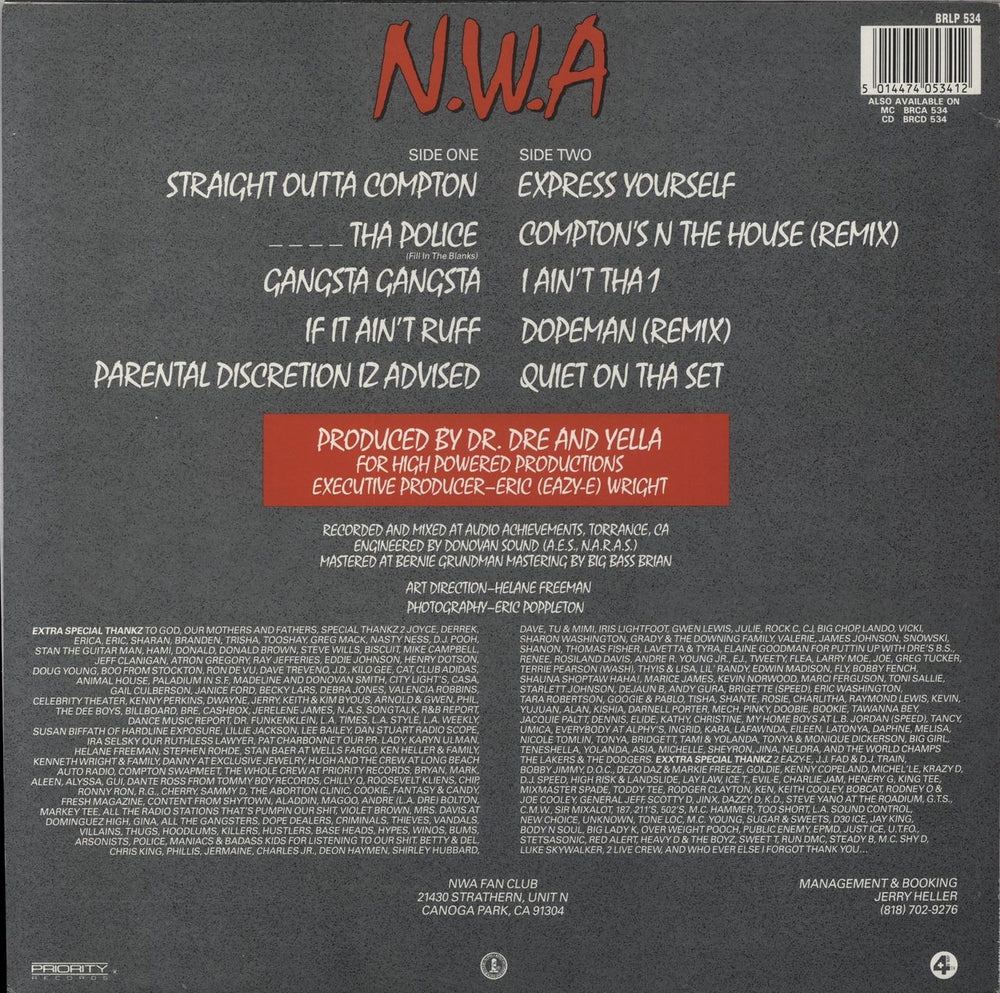 N.W.A. Straight Outta Compton - EX UK vinyl LP album (LP record) 5014474053412