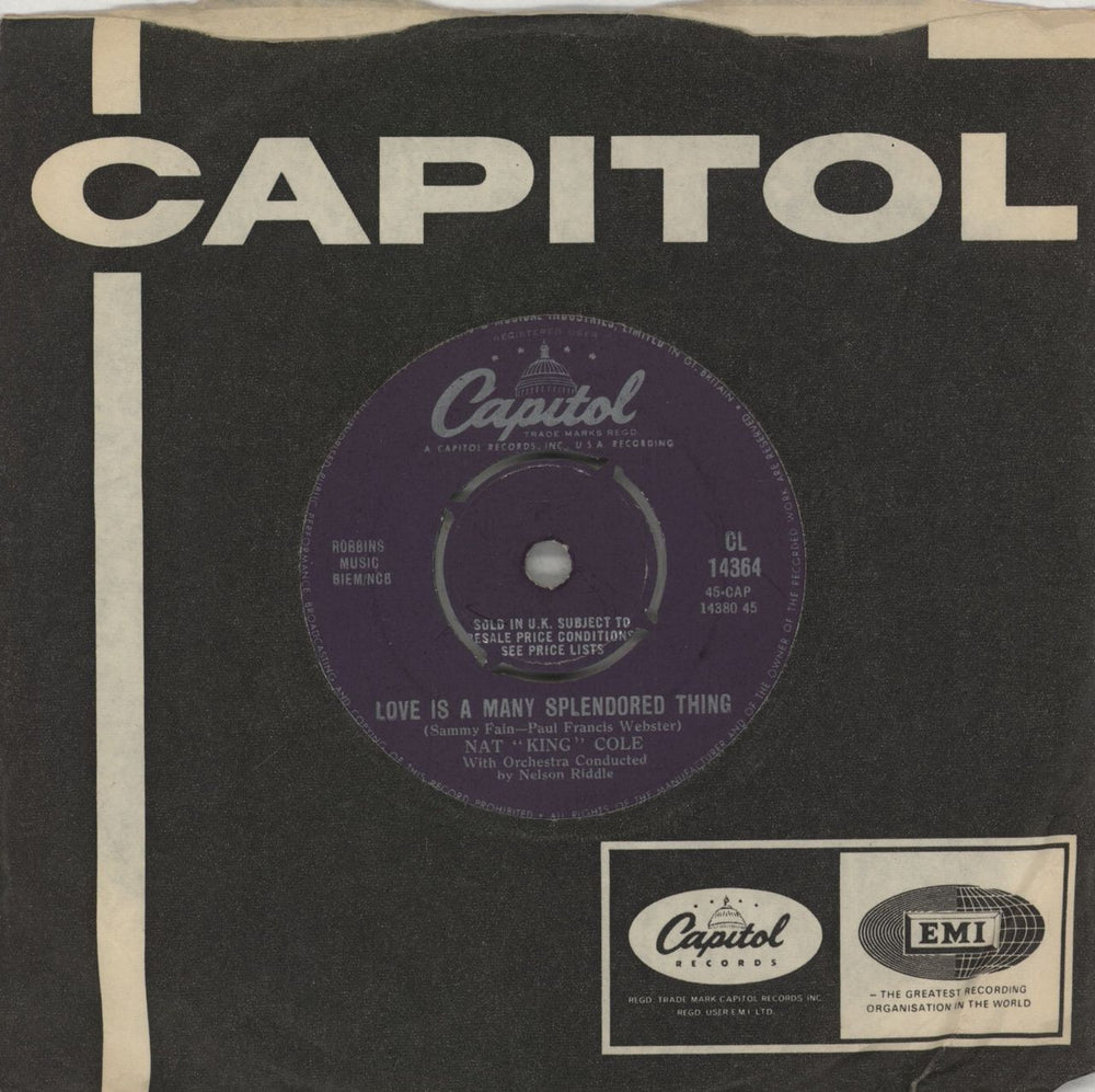 Nat King Cole Love Is A Many Splendored Thing UK 7" vinyl single (7 inch record / 45) CL14364