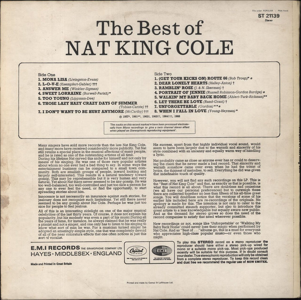 Nat King Cole The Best Of - peach label UK vinyl LP album (LP record)