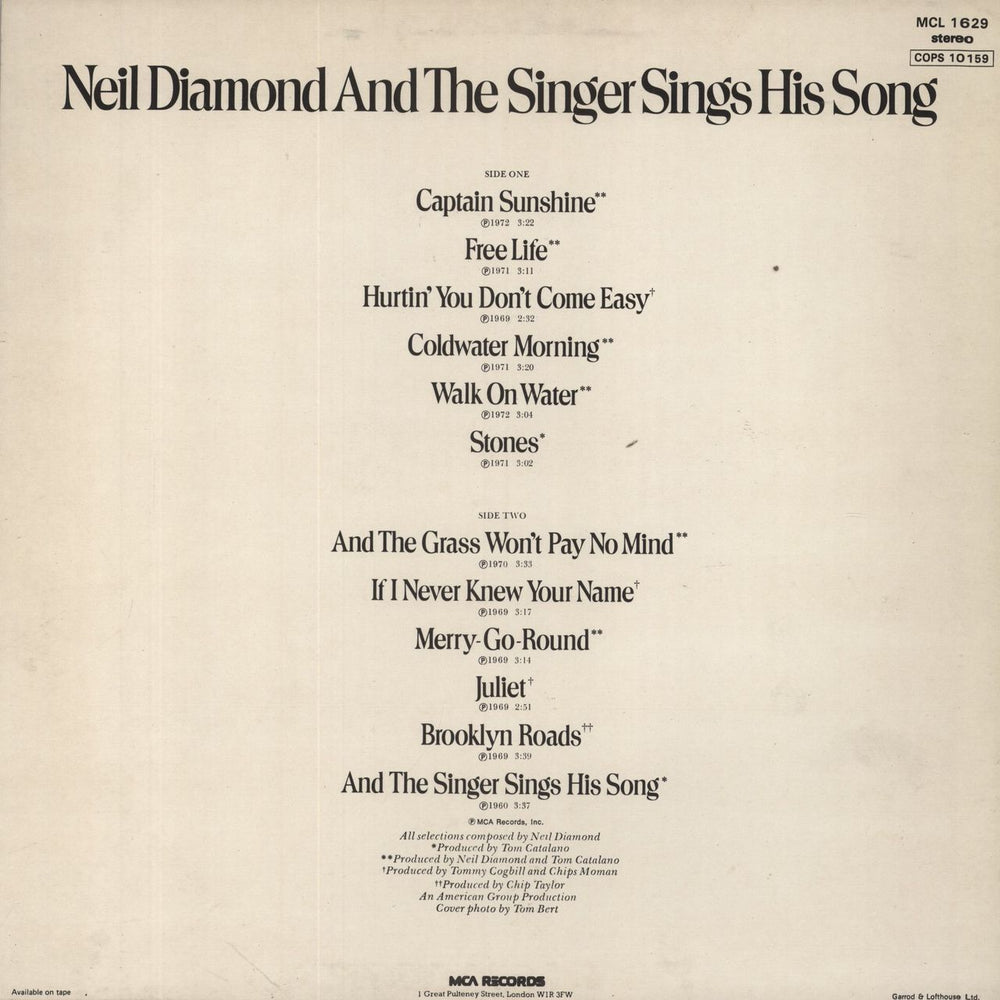 Neil Diamond And The Singer Sings His Song UK vinyl LP album (LP record)