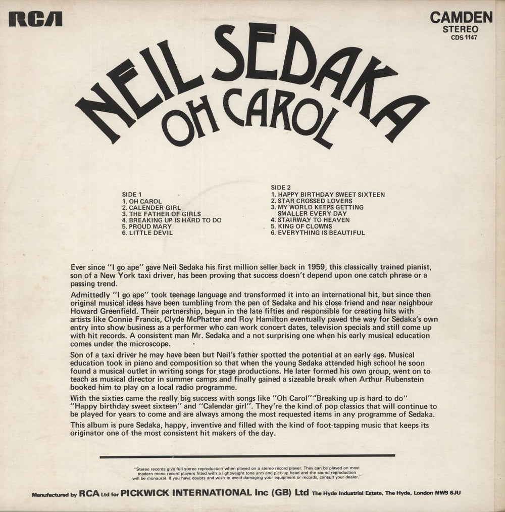 Neil Sedaka Oh Carol UK vinyl LP album (LP record)