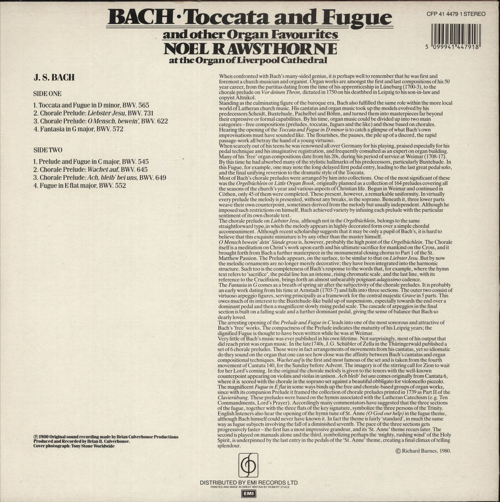 Noel Rawsthorne Bach - Toccata and Fugue and Other Organ Favorites UK vinyl LP album (LP record) 5099941447918