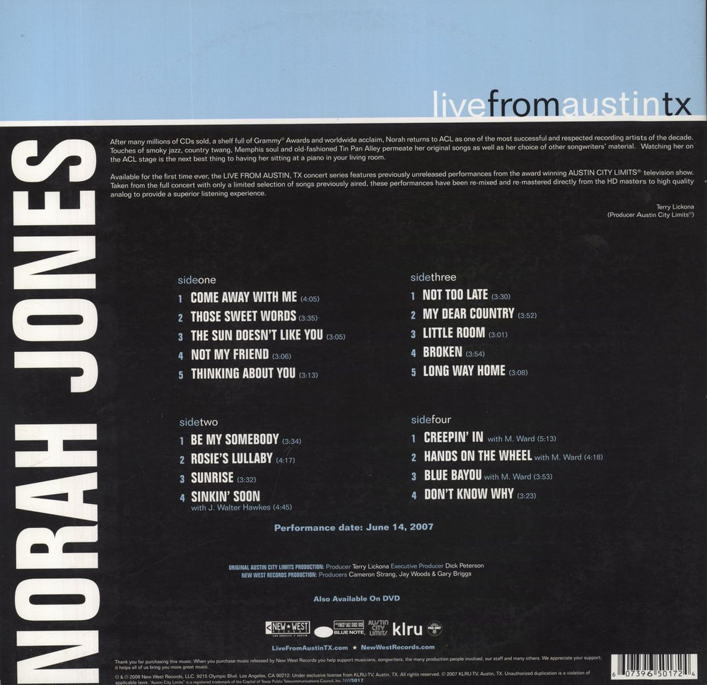 Norah Jones Live From Austin TX US 2-LP vinyl record set (Double LP Album) 607396501724