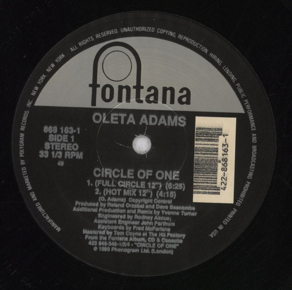 Oleta Adams Circle Of One - Promo Stamped US 12" vinyl single (12 inch record / Maxi-single) OLE12CI845751