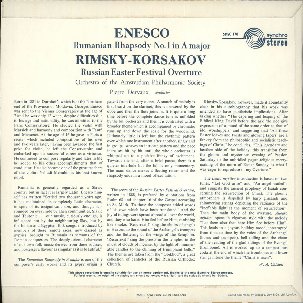 Orchestra Of The Amsterdam Philharmonic Society Enesco: Rumanian Rhapsody No. 1 in A Minor / Rimsky-Korsakov: Russian Easter Festival Overture UK 10" vinyl single (10 inch record)