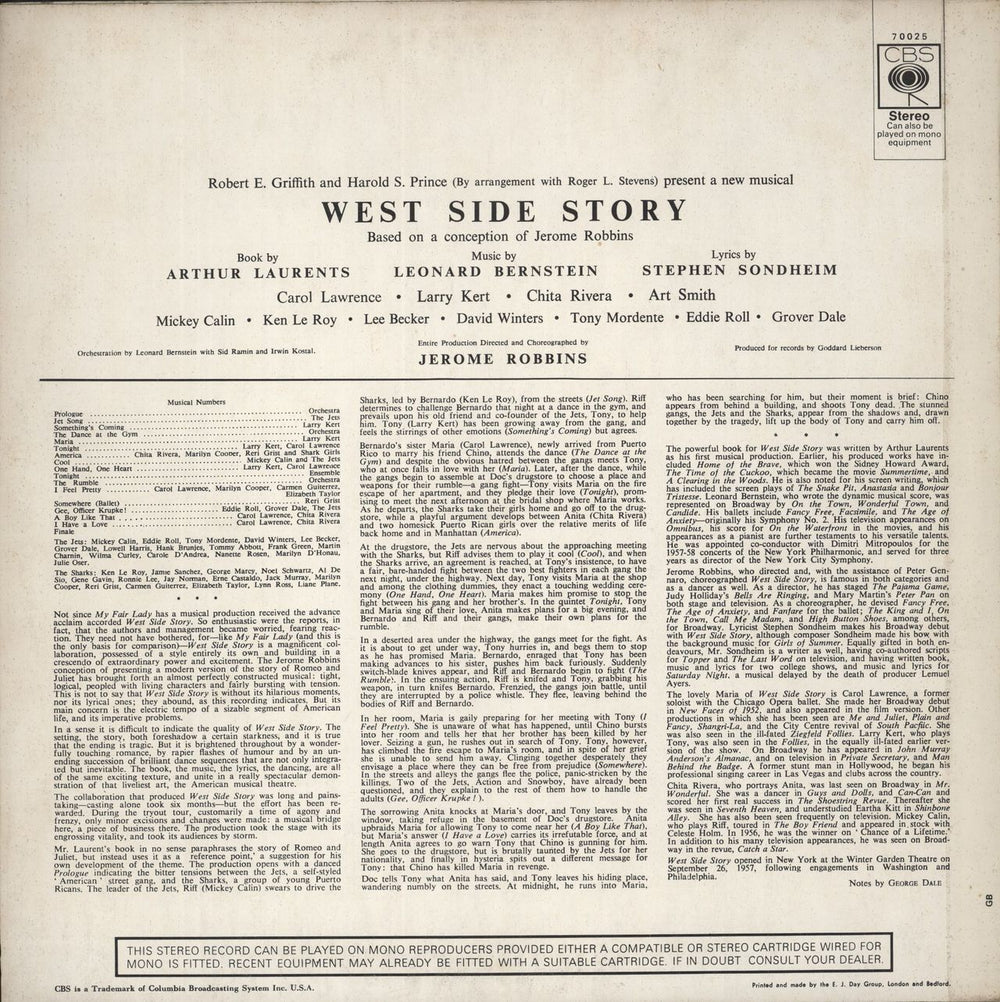 Original Cast Recording West Side Story UK vinyl LP album (LP record)