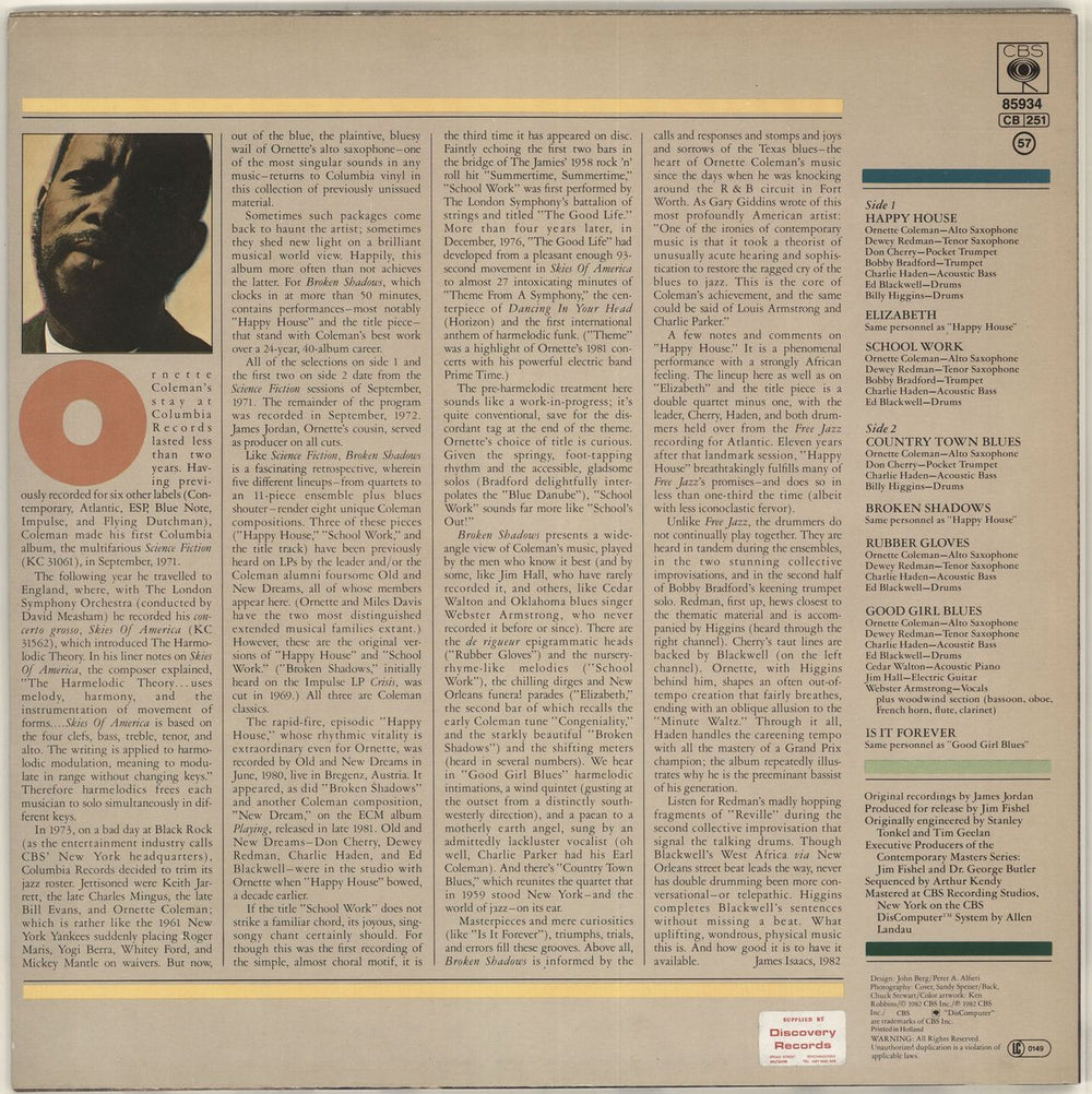 Ornette Coleman Broken Shadows Dutch vinyl LP album (LP record)