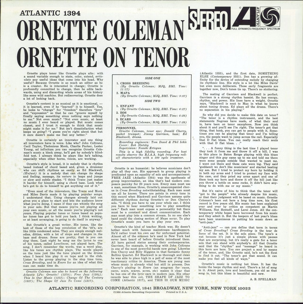 Ornette Coleman Ornette On Tenor US vinyl LP album (LP record)