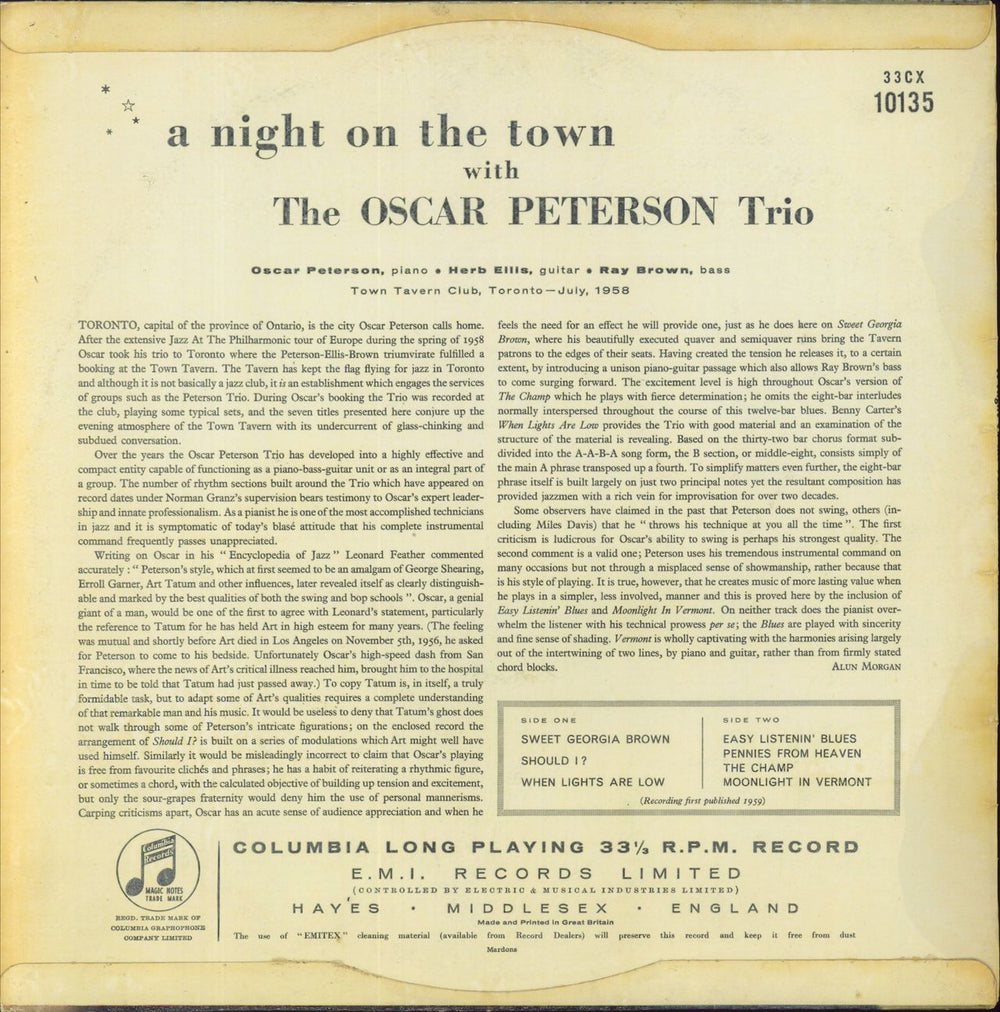 Oscar Peterson A Night On The Town With The Oscar Peterson Trio UK vinyl LP album (LP record)