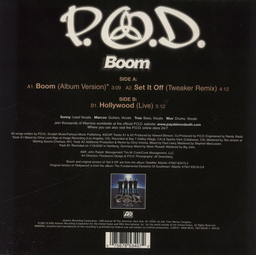 P.O.D. Boom UK 7" vinyl single (7 inch record / 45) 075678534072