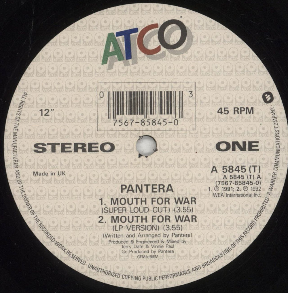 Pantera Mouth For War - EX UK 12" vinyl single (12 inch record / Maxi-single) PAN12MO853579