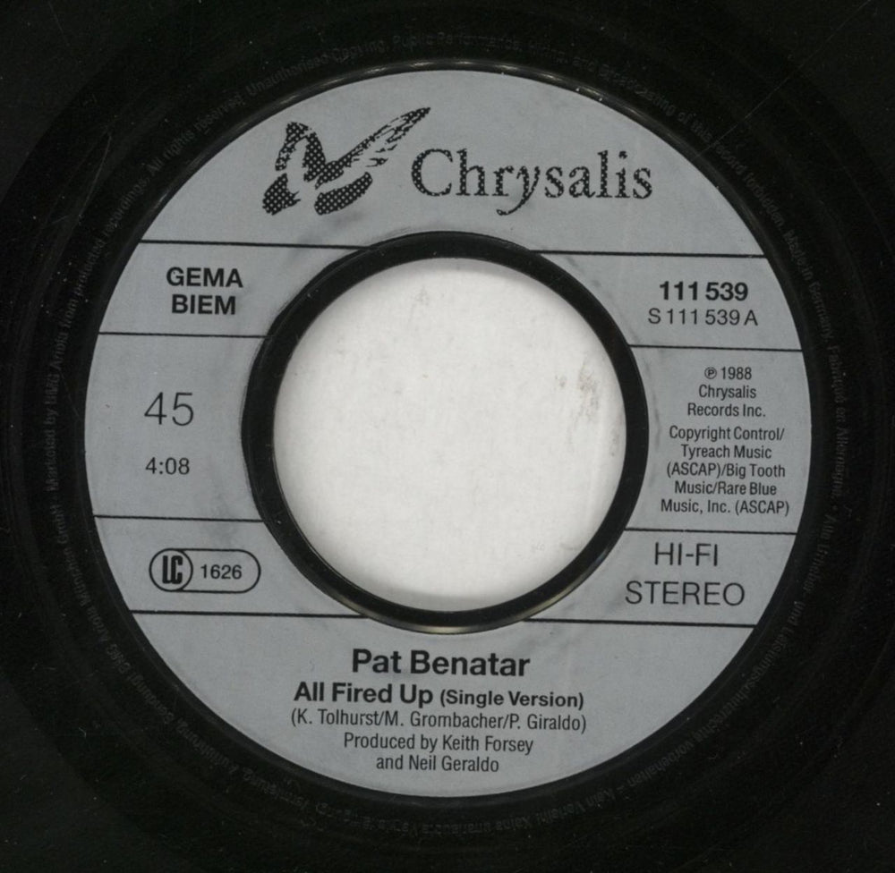 Pat Benatar All Fired Up German 7" vinyl single (7 inch record / 45) BEN07AL849778