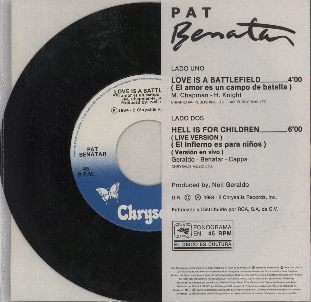 Pat Benatar Love Is A Battlefield Mexican 7" vinyl single (7 inch record / 45)