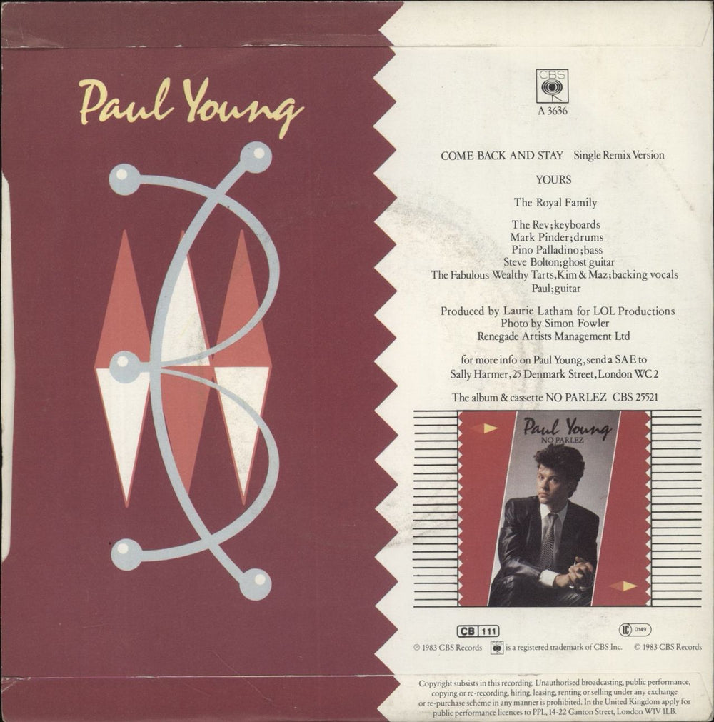 Paul Young Come Back And Stay - Sleeve B UK 7" vinyl single (7 inch record / 45)