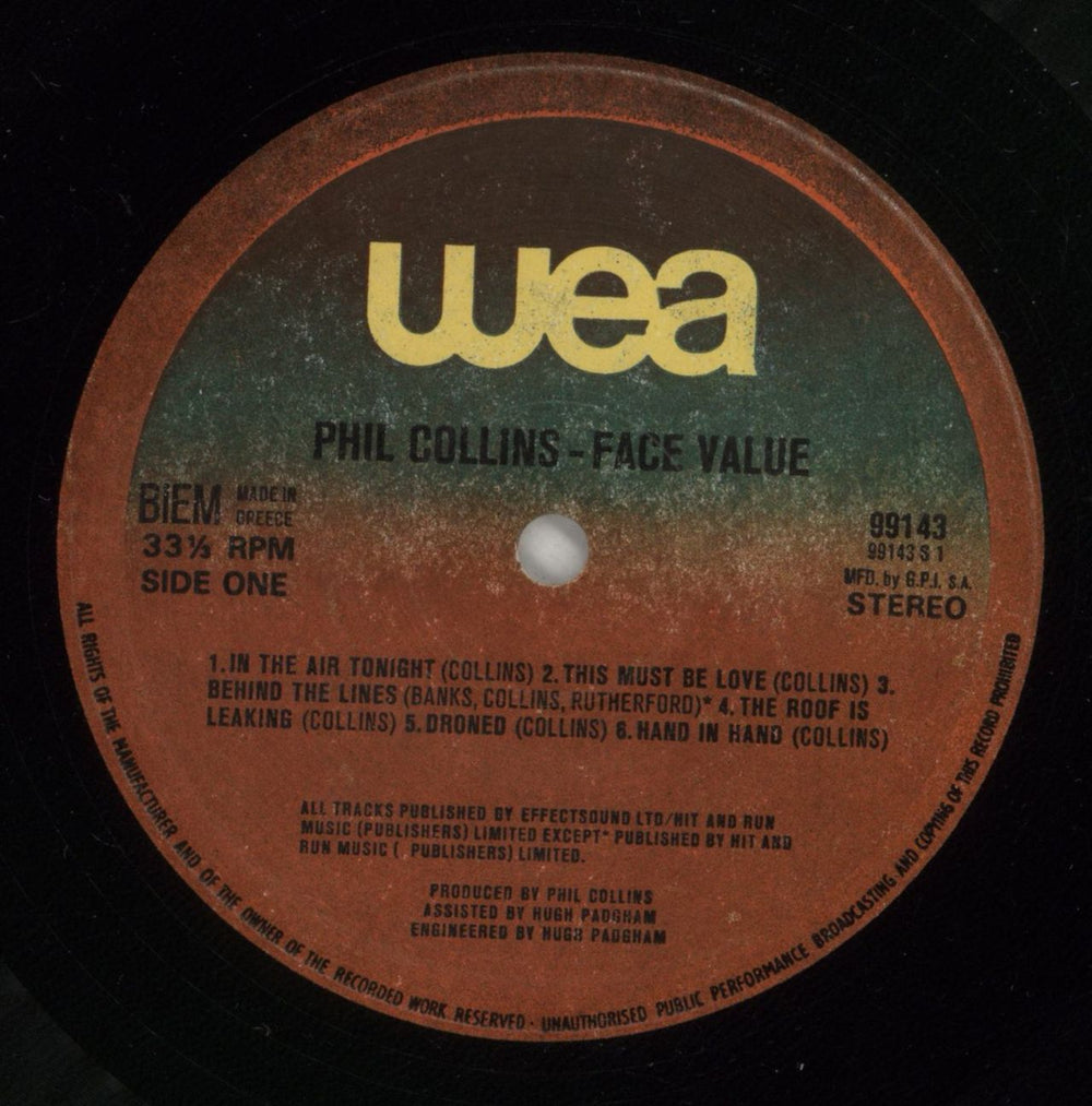 Phil Collins Face Value Greek vinyl LP album (LP record) COLLPFA874421